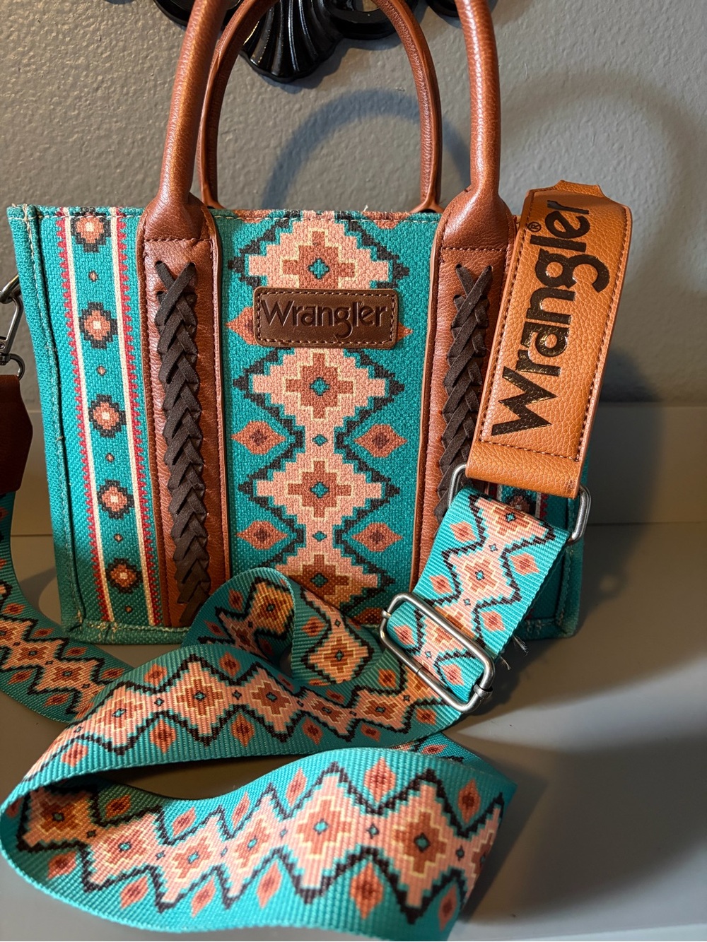 Wrangler Turquoise and Brown Southwestern Pattern Satchel with Embroidered Strap - Picture 2 of 6